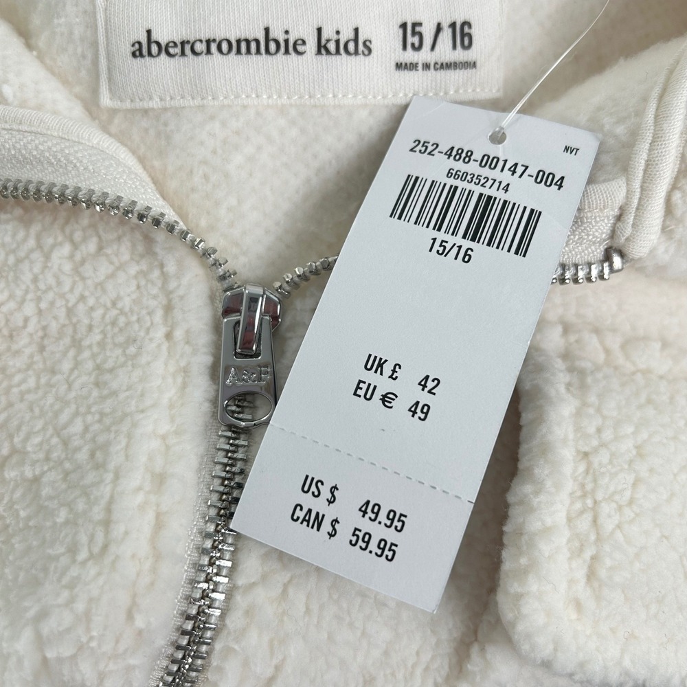 Abercrombie Kids Cream Sherpa Faux Fur Half Zip Fleece Pullover Sweatshirt 15/16 - Picture 7 of 8
